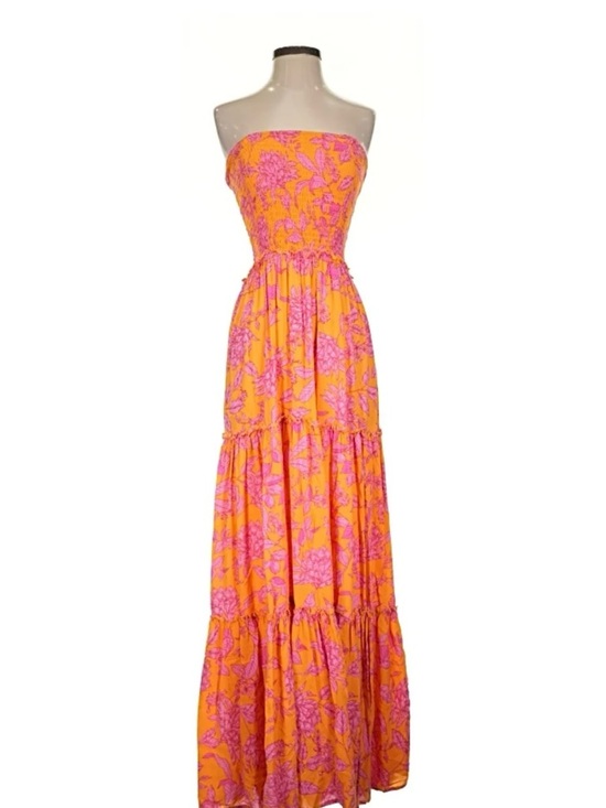 Abel The Label Dresses & Skirts - Strapless Orange Maxi Dress with Pink Floral Print